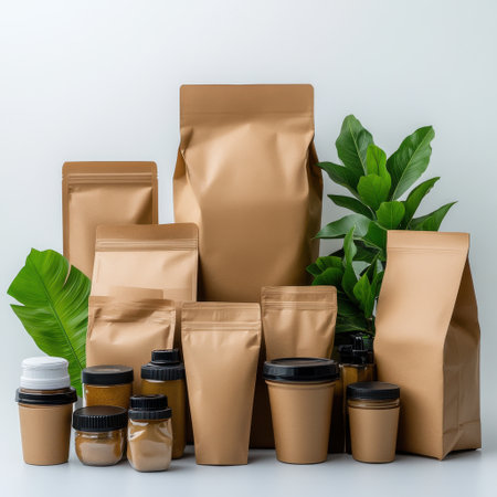 A variety of paper bags and containers are displayed, including a few with plants. Concept of eco-friendliness and sustainability, as the paper bags and containers are made from recycled materialsの素材