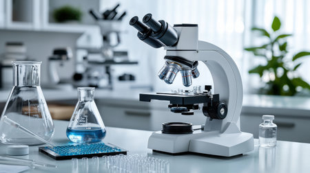 A microscope is on a table with a few other items, including a bottle of blue liquid. Concept of scientific exploration and discoveryの素材