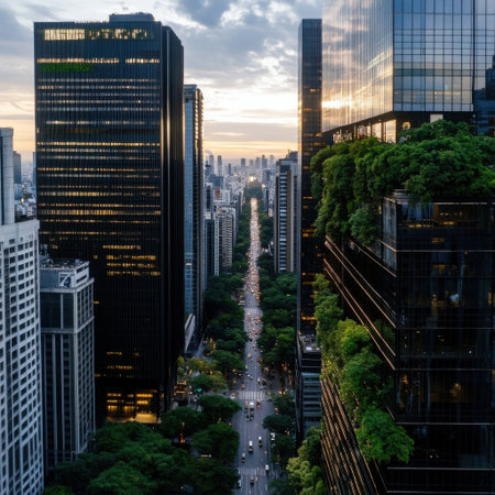 A city street with tall buildings and a green roof. The sky is cloudy and the sun is settingの素材