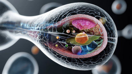 A close up of a cell with many different colored objects inside. The cell is surrounded by a clear glass caseの素材