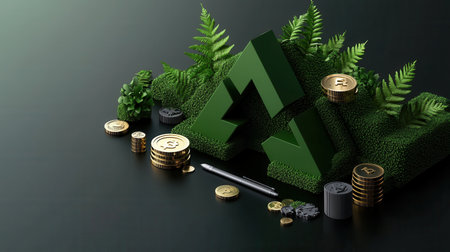 A green triangle with a pen and coins on it. The coins are gold and the pen is silverの素材