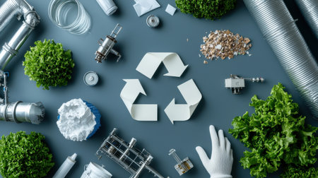 A green leafy plant is surrounded by various objects, including a paper recycling symbol. Concept of recycling and the importance of taking care of the environmentの素材