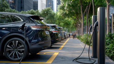 A row of electric cars are parked in a parking lot. The cars are charging at a charging stationの素材