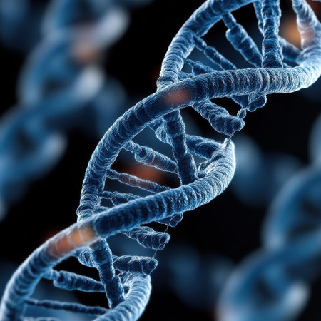 A close up of a blue DNA strand. The strand is twisted and has a spiral shape. Concept of complexity and intricacy, as DNA is a fundamental building block of lifeの素材