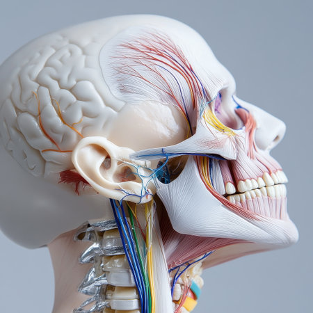 A close up of a human head with the neck and spine clearly visible. The head is made of white plastic and has a skull on it. The skull is made of red, blue, and yellow plasticの素材