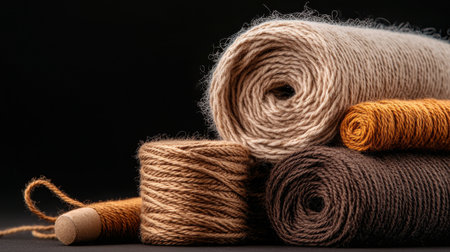 A bunch of different colored yarns are piled on top of each other. The colors include brown, orange, and white. Concept of warmth and cozinessの素材