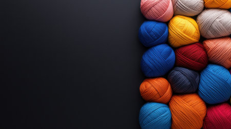 A row of colorful yarns on a black background. The colors are bright and cheerful, creating a sense of warmth and comfort. The arrangement of the yarns is visually appealing and invitingの素材