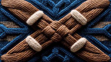 A close up of a knitted design with brown and blue colors. The design is a cross with a football on each sideの素材