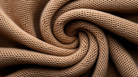 A close up of a brown fabric with a spiral pattern. The fabric is made of wool and has a soft texture. The spiral pattern gives the fabric a sense of movement and flowの素材