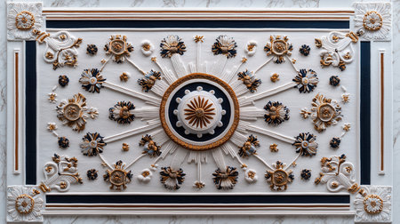 A large, ornate, gold and blue design with a white center. The design is very intricate and detailed, with many different shapes and patterns. Scene is one of elegance and sophisticationの素材