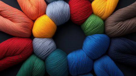 A bunch of colorful yarns are arranged in a circle. The colors are red, yellow, green, blue, and brown. The arrangement of the yarns creates a sense of unity and harmonyの素材