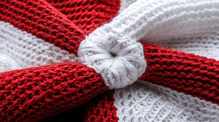 A knitted red and white scarf with a white loop in the middle. The scarf is knitted in a way that it looks like a flowerの素材