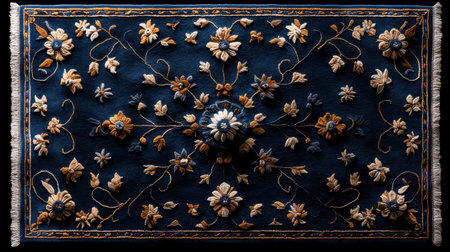 A blue and brown rug with flowers on it. The flowers are in different sizes and colors. The rug is on a black backgroundの素材