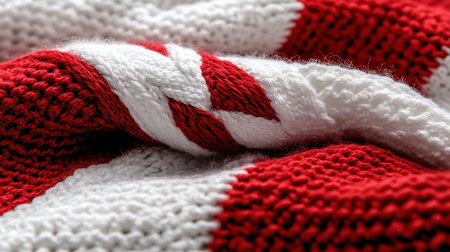 A red and white knit sweater with a white stripe. The sweater is knitted and has a red stripeの素材