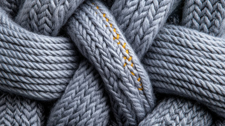 A knotted piece of yarn with a yellow stitch. The yarn is knotted in a way that it looks like a ropeの素材