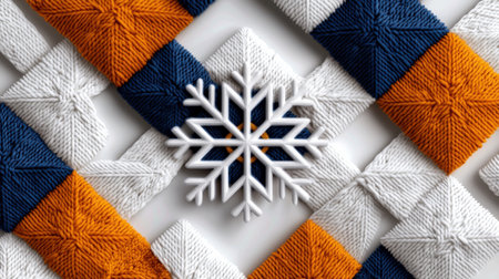 A snowflake is placed in the center of a colorful patchwork quilt. The quilt is made up of various squares of different colors, creating a vibrant and cheerful sceneの素材