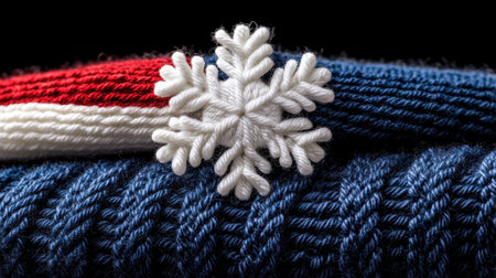 A snowflake is placed on top of a blue and white knitted scarf. The snowflake is white and the scarf is made of blue and red yarnの素材