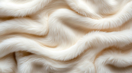 A white fur with a wavy texture. The fur is soft and fluffy, giving it a cozy and comfortable appearance. The fur is spread out in a way that it looks like it's being draped over a surfaceの素材