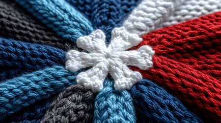 A close up of a knitted snowflake with a red and white center. The snowflake is surrounded by a variety of different colored yarns, creating a colorful and intricate designの素材