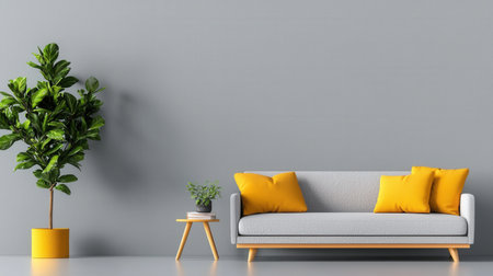 A grey couch with yellow pillows sits in front of a wall. A potted plant is placed in front of the couchの素材
