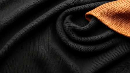 A black and orange sweater with a black and orange fabric. The sweater is folded and has a black and orange stripeの素材