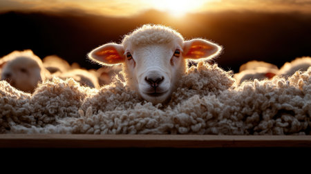 A sheep is looking at the camera in a pen. The sheep is surrounded by other sheep and is the only one looking directly at the cameraの素材