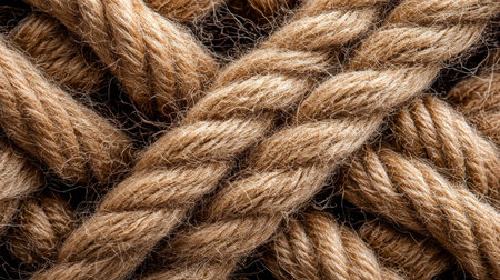 A close up of a rope with a lot of knots and a lot of texture. The rope is brown and he is old. The texture of the rope gives the image a sense of history and wearの素材