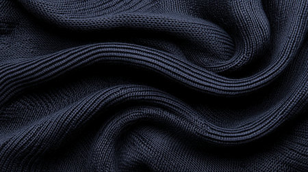 A close up of a blue knit sweater. The sweater is made of a thick, dark blue yarn. The sweater is knitted in a way that it looks like a waveの素材