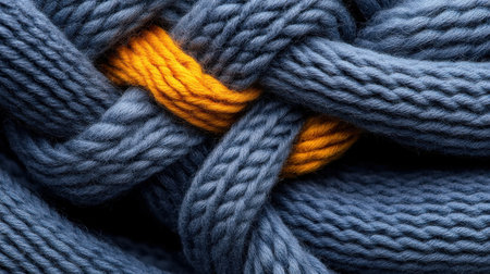 A blue and orange rope is twisted together. The blue rope is the dominant color, but the orange rope adds a pop of color and contrast. The twisted rope creates a sense of movement and energyの素材