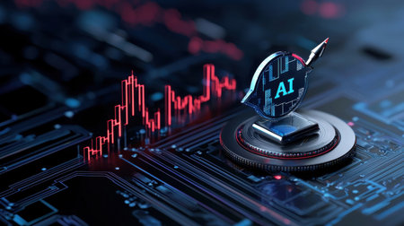 A computer chip with the letters AI on it. The chip is surrounded by a red and blue backgroundの素材