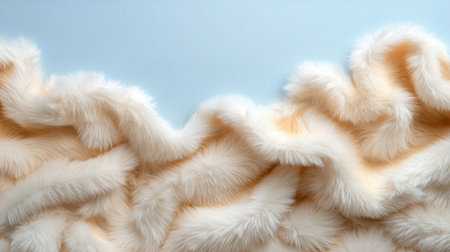 A fluffy white fur blanket with a blue background. The fur is curled up and looks like it's floating in the airの素材