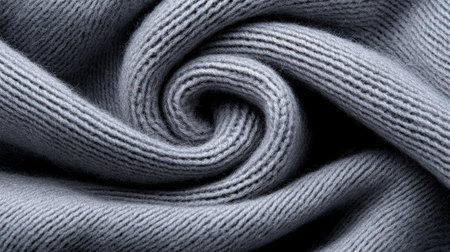 A piece of gray fabric with a spiral pattern. The fabric is wrinkled and has a rough textureの素材