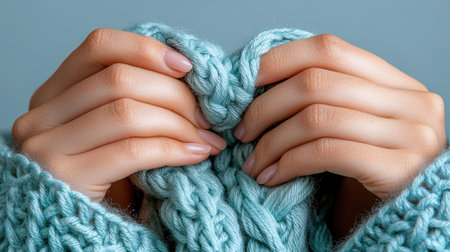 A person is knitting a blue sweater with their hands. The sweater is made of yarn and is being knitted in a pattern. The person's hands are covered in yarnの素材