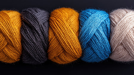 A row of different colored yarns are shown in a close up. The colors are yellow, orange, blue, and brownの素材