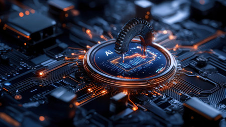 A computer chip with the letters AI on it. The chip is surrounded by a black background. The chip is glowing with a bright orange lightの素材