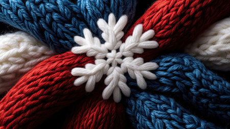 A knitted snowflake is placed on a red, white, and blue sweater. The snowflake is surrounded by the sweater's yarn, creating a cozy and festive atmosphereの素材