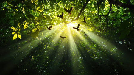 A group of birds are flying in the sun through the trees. The birds are in the middle of the image, with the sun shining brightly on them. The scene is peaceful and sereneの素材