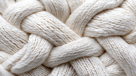 A close up of a knitted piece of fabric with a lot of white yarn. The yarn is twisted and knotted, creating a unique and interesting texture. Concept of warmth and comfortの素材