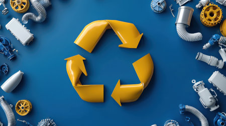 A yellow circle with arrows pointing to it is surrounded by various objects, including a bottle and a car. Concept of recycling and the importance of reducing wasteの素材