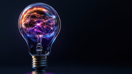 A light bulb with a brain inside of it. The bulb is lit up and the brain is glowingの素材