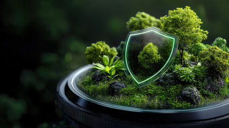 A green shield with a tree on it sits on a rock. The shield is surrounded by grass and plantsの素材