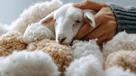 A hand is holding a white sheep that is laying on a pile of white and brown yarn. The sheep is looking up at the person, and the scene has a cozy and comforting atmosphereの素材