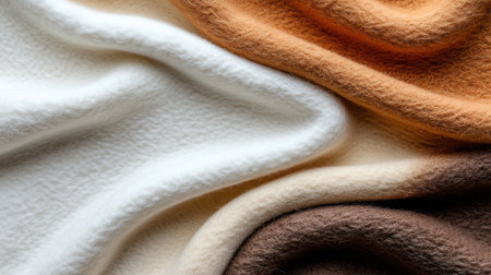 A white, tan, and brown fabric is folded and rolled up. The colors are blended together, creating a unique and interesting texture. Concept of warmth and comfortの素材