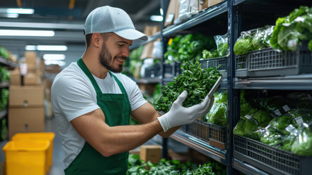 A man wearing a green apron is smiling as he holds a head of lettuce in his hand. He is in a grocery store, surrounded by shelves of produce. The store is well-lit and organizedの素材