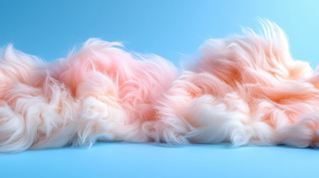 A fluffy pink and white fur with a blue background. The fur is piled up and looks like a cloudの素材