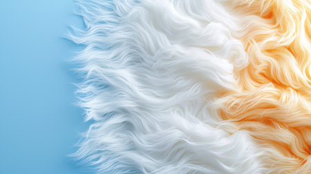 A close up of a fluffy white and orange hair. The hair is curled and has a lot of texture. The hair is on a blue backgroundの素材