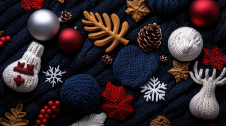 A Christmas scene with a variety of ornaments and decorations, including a snowflake, a star, and a reindeerの素材