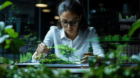 A woman is writing on a piece of paper with a pen, surrounded by a green plant. Concept of creativity and innovation, as the woman is using technology to create a visual representation of a treeの素材