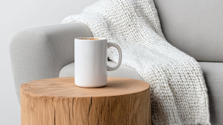 A white mug sits on a wooden table next to a white blanket. Concept of comfort and relaxation, as the mug and blanket are both associated with warmth and cozinessの素材
