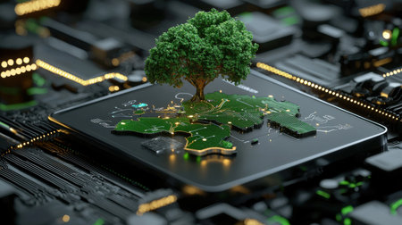 A computer chip with a tree on it. The tree is surrounded by a cityscape. Concept of technology and nature coexistingの素材